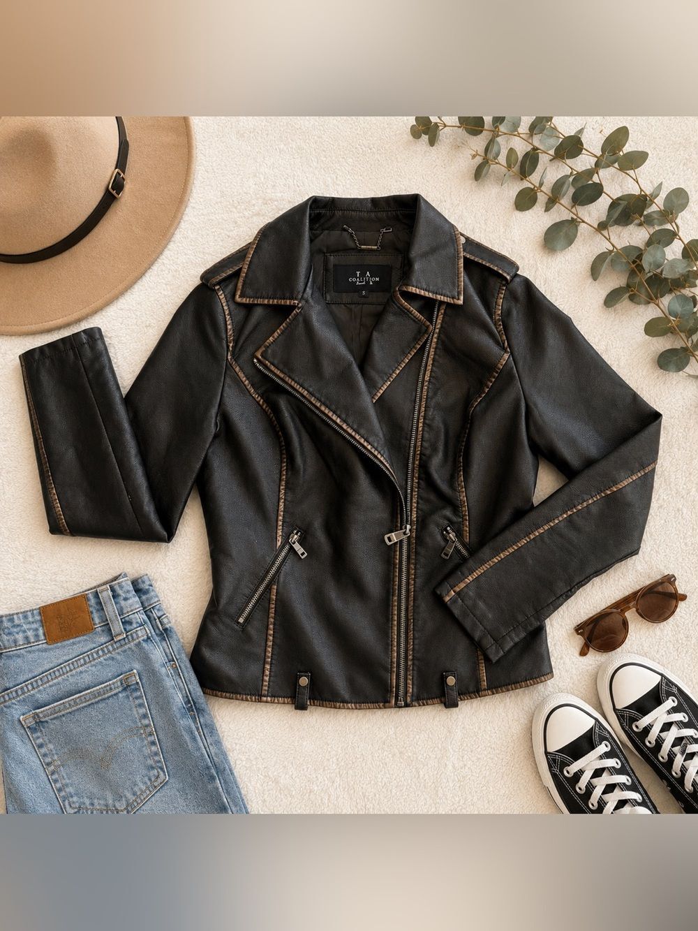 LA Coalition Black Faux Leather Moto Jacket with Brown Contrast Trim
